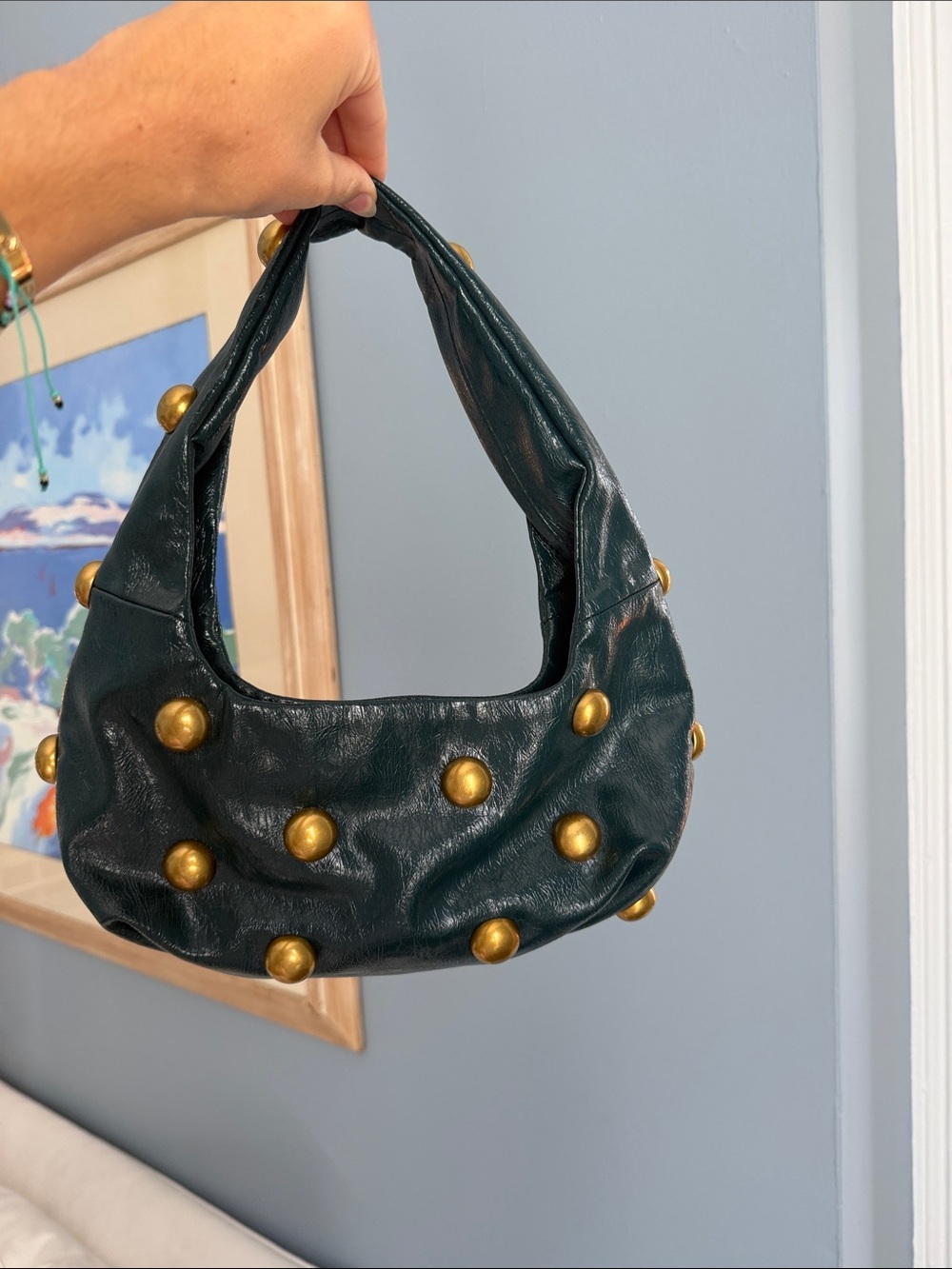 Zara Dark Green Shoulder Bag with Gold Studs